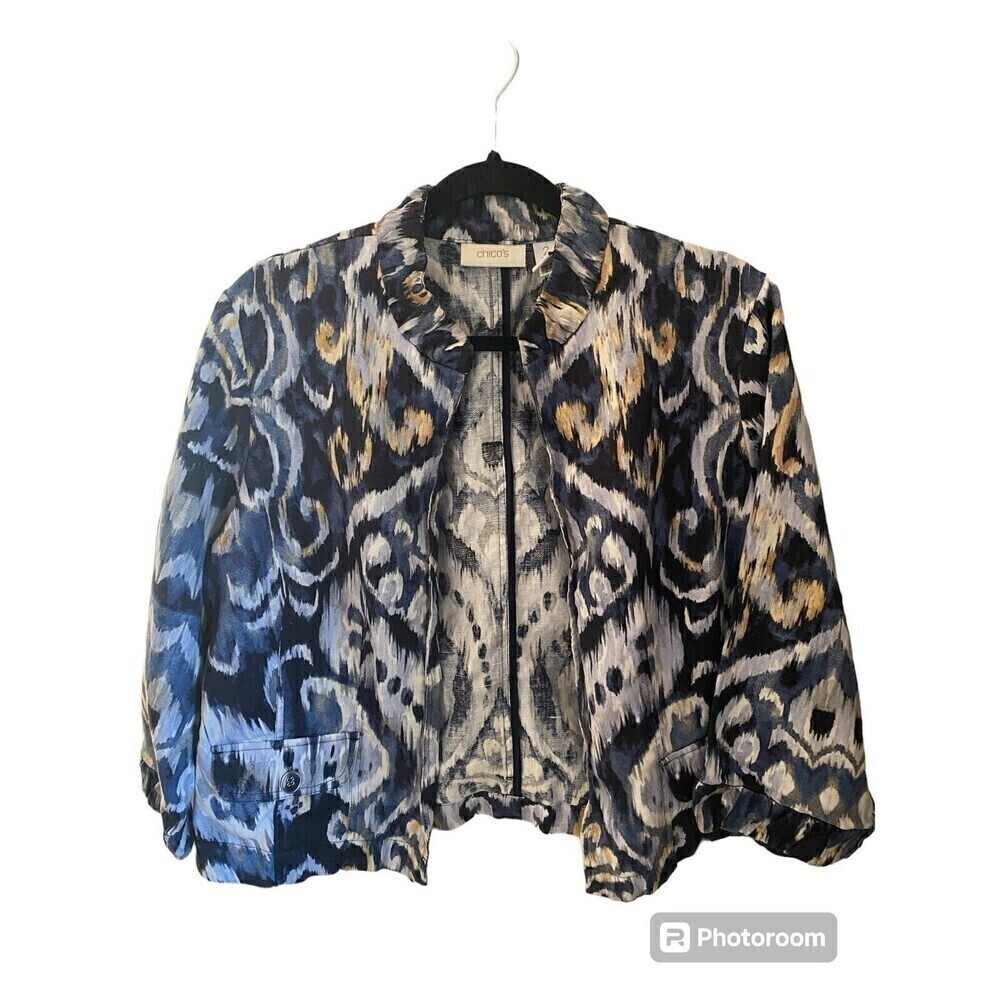 JACKET CHICO'S SZ 2 MANDARIN COLLAR NO BUTTONS NO ZIPPER 3/4 SLEEVES